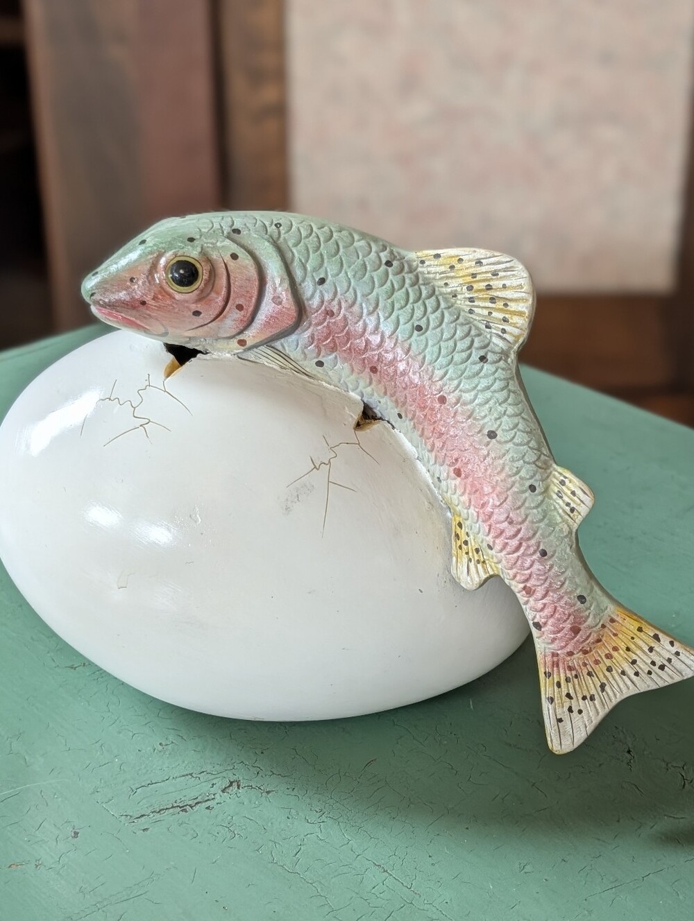 R. Miranda Mexico Rainbow Trout Hatching Egg Signed Art Sculpture Hand Painted